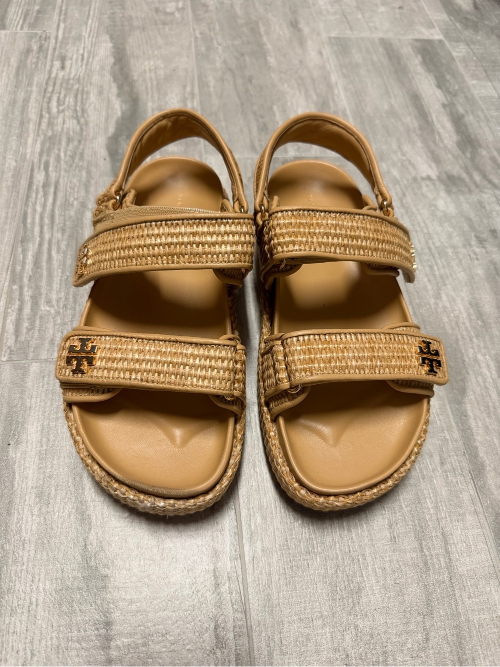 Tory Burch Kira Tan Woven Velcro Platform Sandals